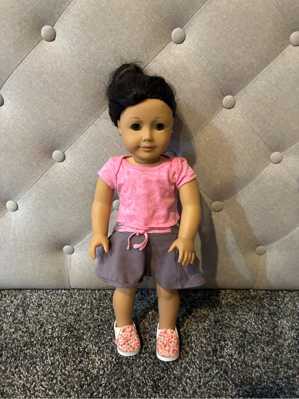 American Girl Pink Top with Gray Shorts and Floral Slip-Ons